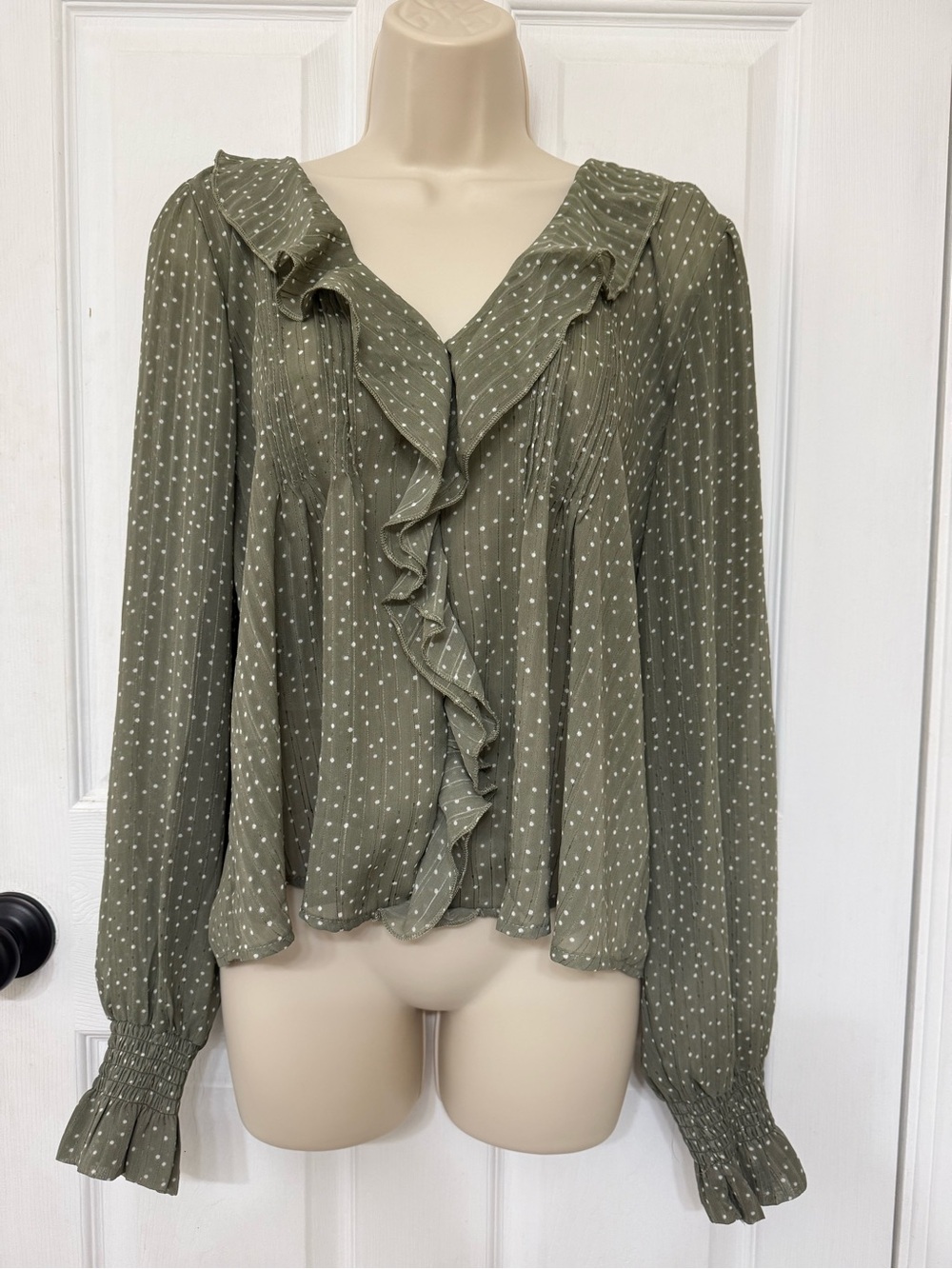 And Now This Green Polka Dot Ruffle Blouse Long Sleeve Sheer XL - Picture 2 of 14